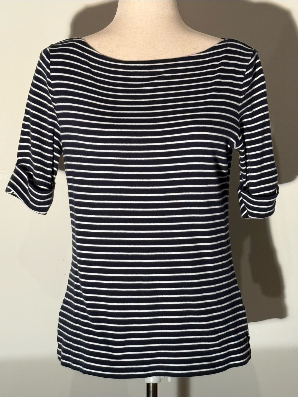 LAUREN RALPH LAUREN Striped Cotton Short Sleeve Boatneck Tee in Navy and White